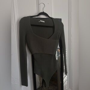 Olive Green Ribbed Long Sleeve Bodysuit